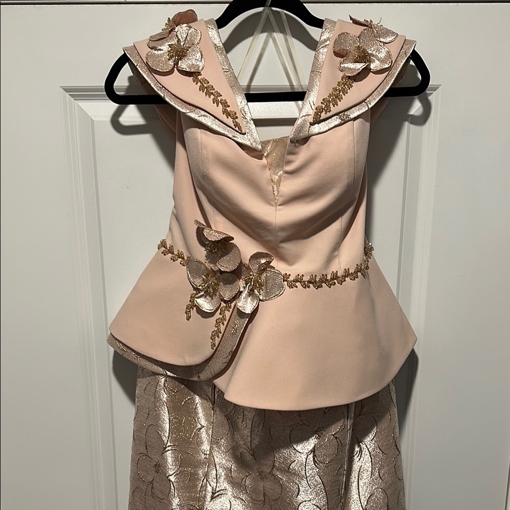 Elegant Soft Pink and Gold Floral Peplum Dress